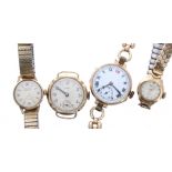 Four 9ct ladies wristwatches to include Envoy, Roamer and Arcadia, 79.7gm