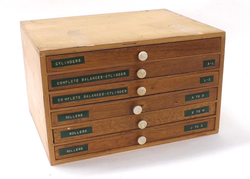 Six drawer wooden chest containing a quantity of watch cylinders, balances and rollers within - Image 2 of 2