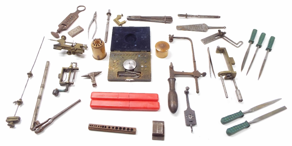 Small quantity of various horological tools, including clamps, files, gauges and pliers etc