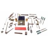 Small quantity of various horological tools, including clamps, files, gauges and pliers etc