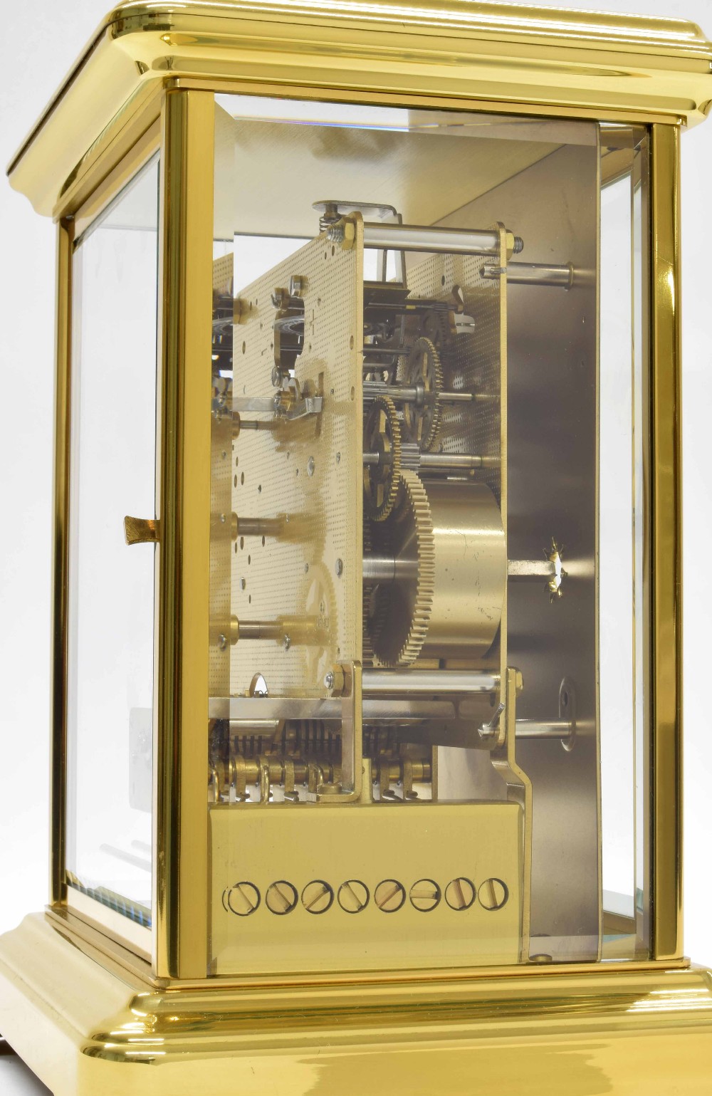 Good French brass four glass three train mantel clock striking on eight rods, the 4.25" gilt chapter - Image 2 of 3