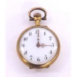 Small gilt metal cylinder Art Nouveau style fob watch in need of repair, gilt frosted bar movement