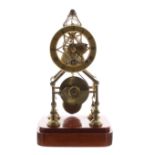 Miniature brass single fusee skeleton clock, the 2.25" brass chapter ring upon angled supports and a