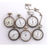 Six silver (0.800) cylinder pocket watches (6)