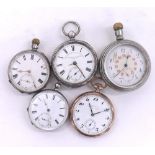 Four silver pocket watches and nickel case pocket watch, each for repair (5)