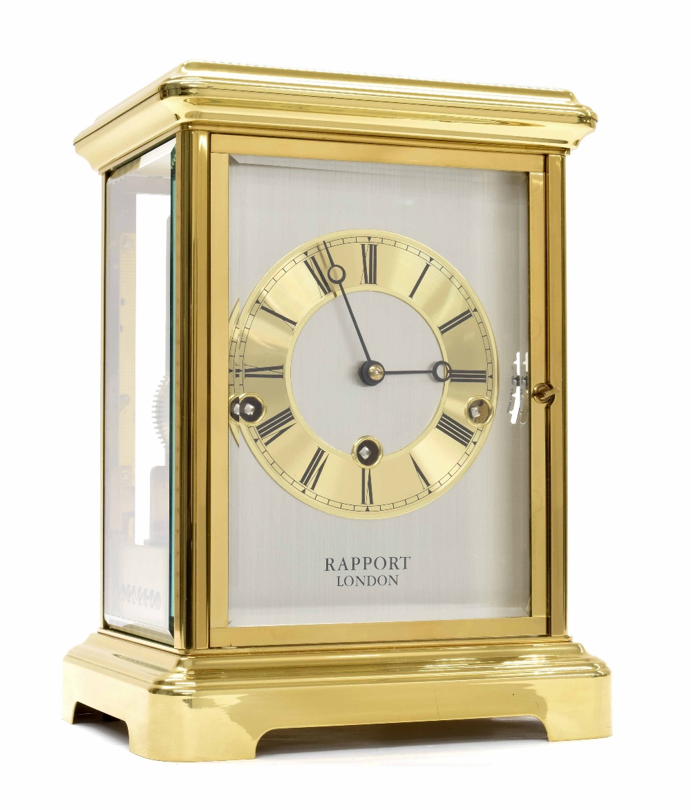 Good French brass four glass three train mantel clock striking on eight rods, the 4.25" gilt chapter