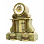 French green onyx two train drumhead mantel clock striking on a bell, the 4.25" white chapter ring