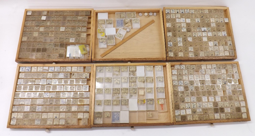 Six drawer wooden chest containing a quantity of watch cylinders, balances and rollers within