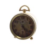 Zenith Watch Co. small brass drumhead travel alarm clock, the 2.25" dial with subsidiary seconds and