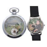 Novelty football automaton chrome cased pocket watch, 51mm; together with a Shanghai Tang novelty