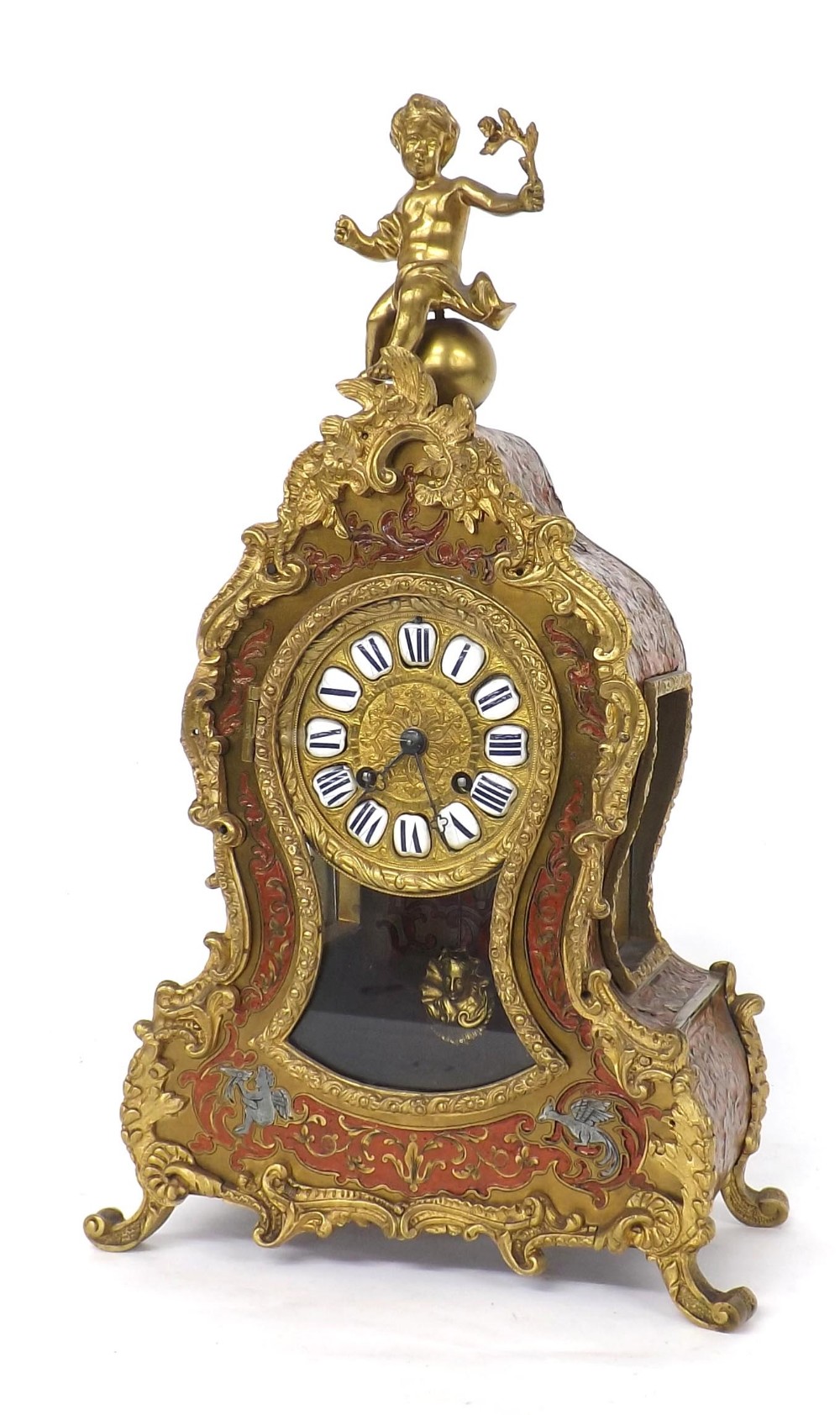 French boulle two train mantel clock, the Henry Marc movement with outside countwheel striking on