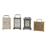 Carriage clock timepiece with alarm, within a corniche brass case, 6" high; also three other