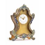 French cloisonne and brass cased mantel timepiece clock with platform escapement, the 2.25" white