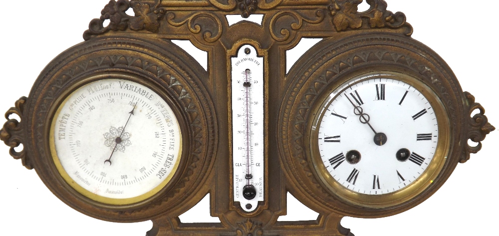 Gilt metal easel desk compendium, comprising a barometer and eight day clock with 3.75" white - Image 2 of 3