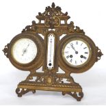 Gilt metal easel desk compendium, comprising a barometer and eight day clock with 3.75" white