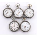 Five Continental silver cylinder engraved fob watches (5)