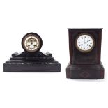 French black slate and green marble drumhead two train mantel clock striking on a bell, 10" high (