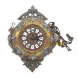 Napoleon III style wall clock, the 6.25" copper repousse dial with Roman cartouche enamel