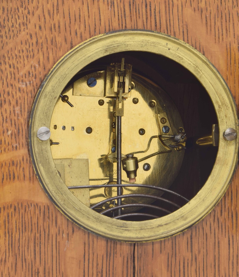 French oak Art Nouveau two train mantel clock striking on a gong, the 3.5" white dial signed - Image 2 of 2