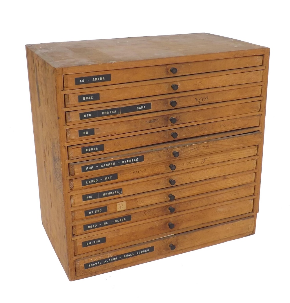Twelve drawer wooden chest containing a quantity of watch and some clock balance wheels to include - Image 2 of 2