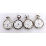 Three white metal lever pocket watches, each with engraved case; together with a white metal