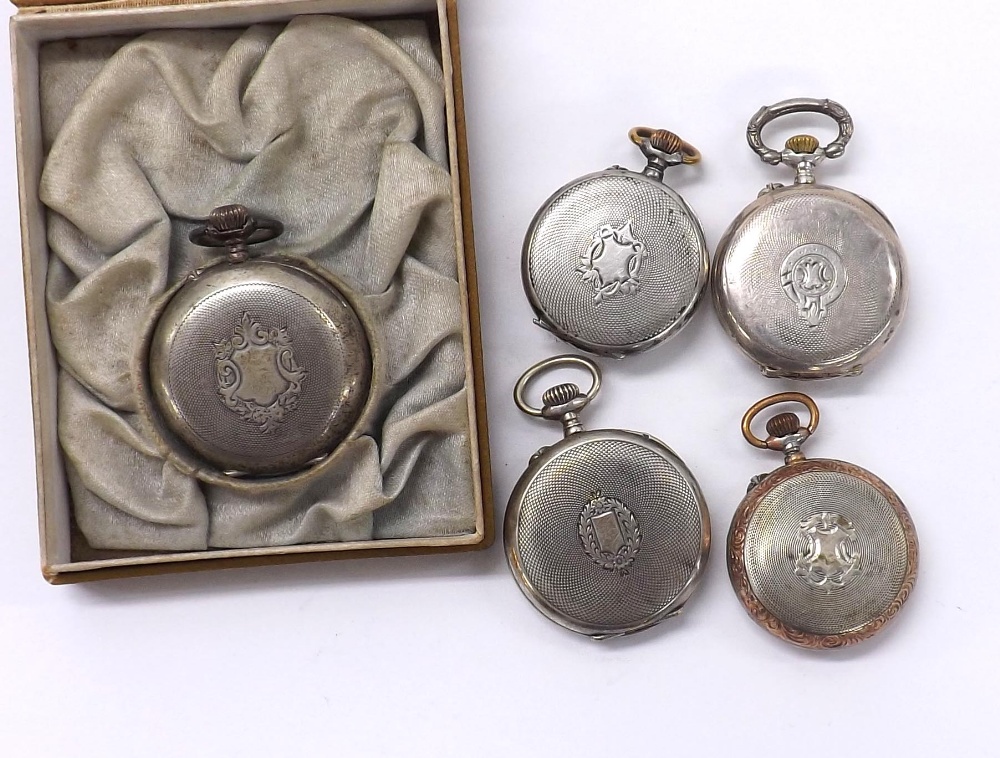 Five Continental silver (0.800) engine turned fob watches (5) (one boxed, one at fault) - Image 2 of 2