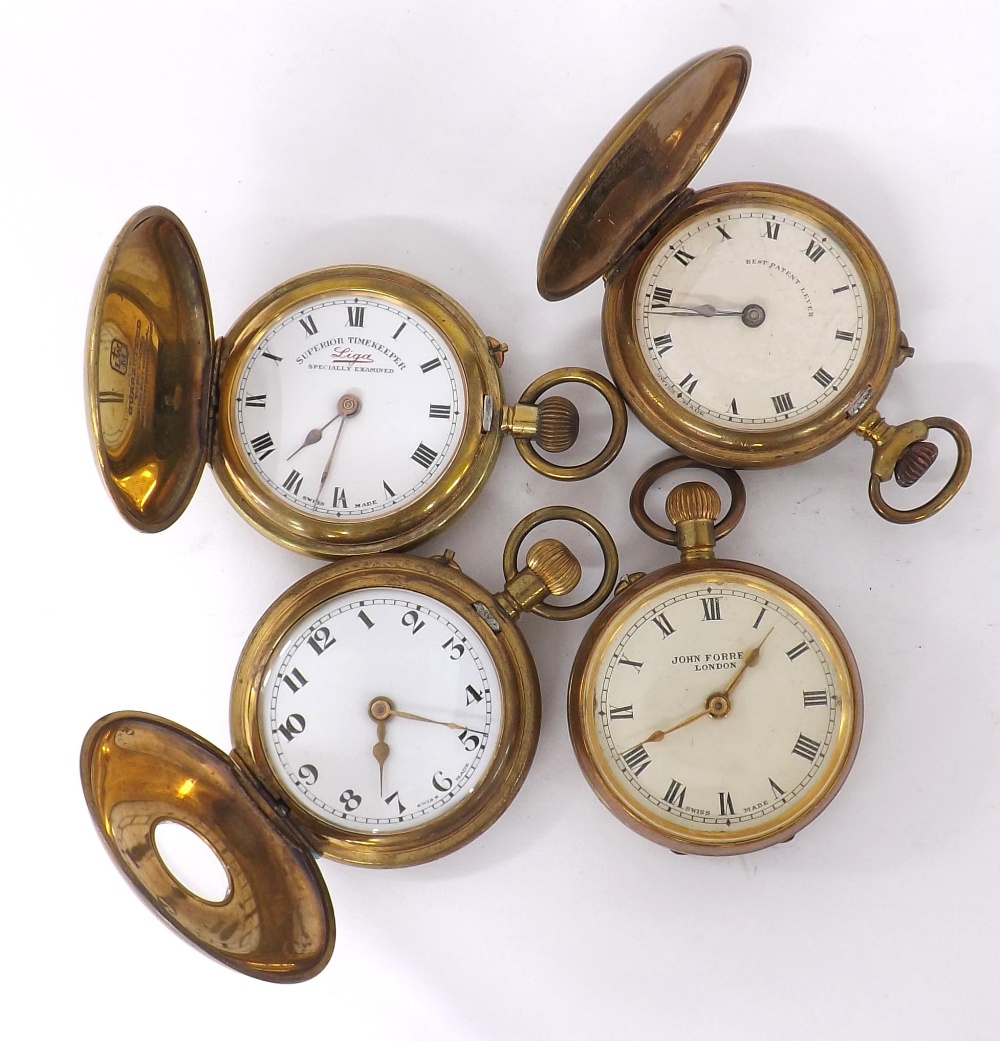 Four gold plated pocket watches to include a Liga Superior Time Keeper lever hunter pocket watch,