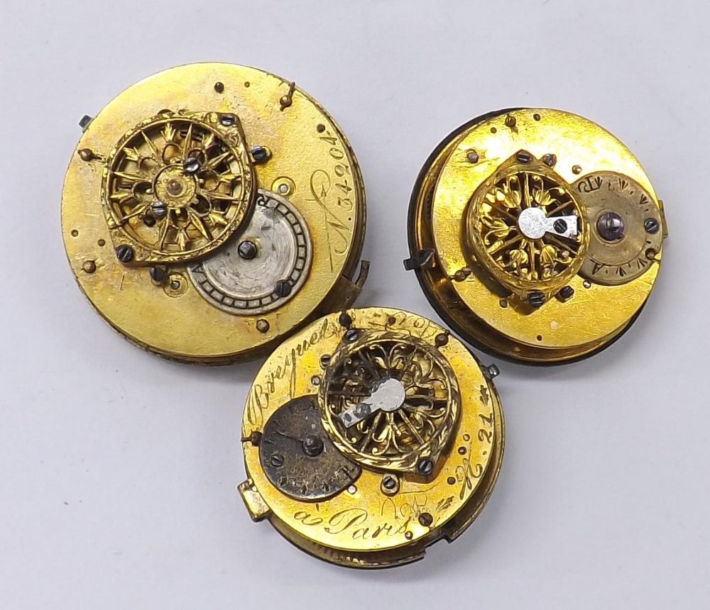Three fusee verge fob watch movements, one signed Breguet et Paris and a further signed Breguet to