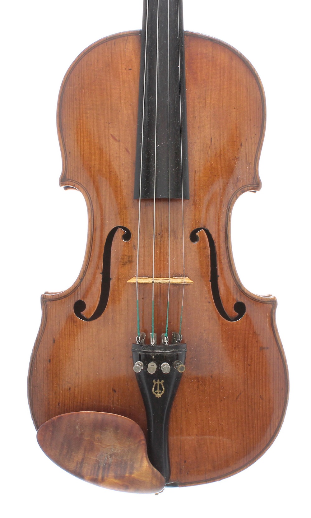 Interesting 18th century violin, unlabelled, the two piece back of faint medium curl with similar