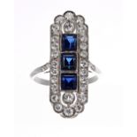 Good Art Deco sapphire and diamond white gold dress cluster ring, of rectangular rounded form with