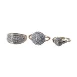 Three 9ct diamond set dress rings, 9.3gm (3)