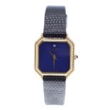 Longines 9ct octagonal cased wristwatch, circa 1980s, lapis lazuli dial with single diamond at the