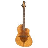 Interesting Piezo solid body electric guitar; Finish: birds eye maple top upon mahogany body, damage