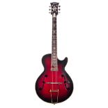Interesting electric archtop guitar; Finish: rose burst, various scratches, impact blemish to
