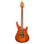 Wesley electric guitar; Finish: orange flame; Fretboard: rosewood; Frets: good; Electrics: