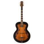 1950s Roger Junior archtop guitar, made in Germany; Finish: sunburst, repaired split to top, lacquer