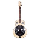 Moondog Guitars electric resonator guitar; Finish: natural; Fretboard: rosewood; Frets: good;