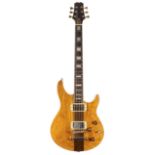 Interesting unbranded solid body electric guitar; Finish: natural varnished ash veneered top with