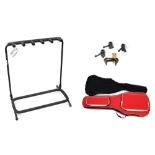 Folding stand for five guitars, four guitar wall hangers and two guitar soft bag cases