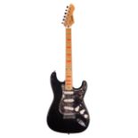 Rockwood by Hohner LX90L electric guitar, black finish, defaced pickguard, orange position markers