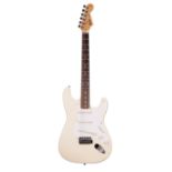 Squier by Fender Stratocaster electric guitar, Olympic white finish with re-profiled head, Studio