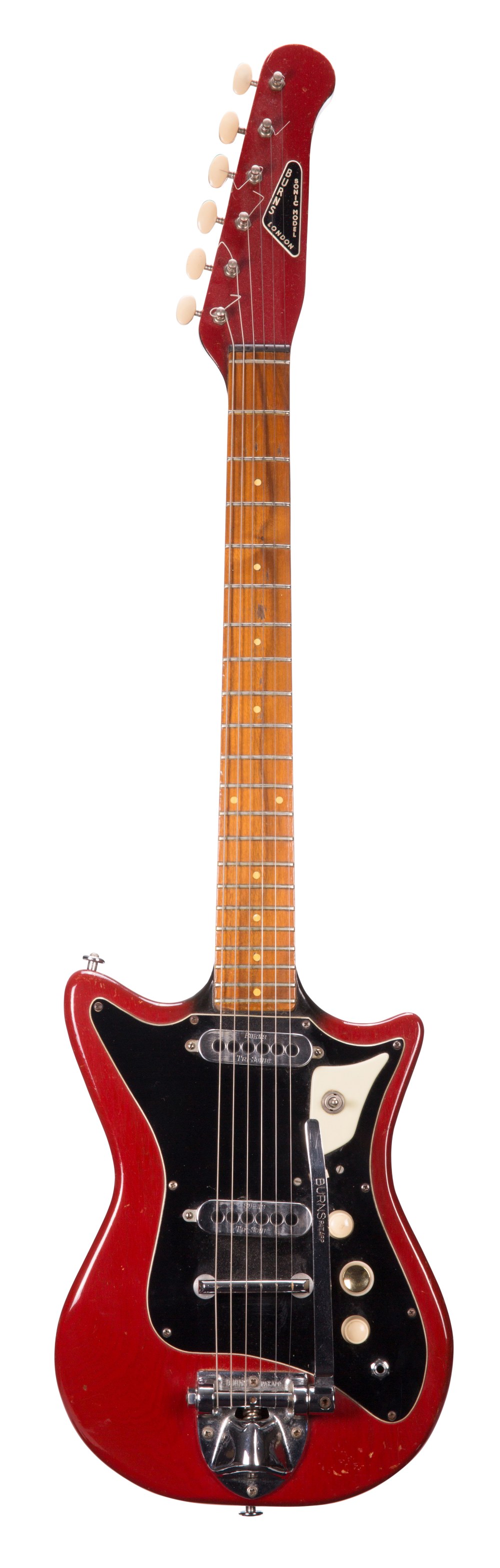 Burns Sonic Model electric guitar, made in England, circa 1962; Finish: red, lacquer checking and