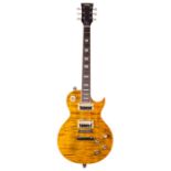 JHS Vintage V100 Paradise electric guitar, amber tiger flame finish, gig bag (new/old stock)