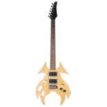 Eccentric unbranded solid body electric guitar, with unusual shaped natural body; Fretboard: