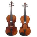 Late 19th century Stradivari copy violin copy, 14 1/8", 35.90cm; also an early 20th century violin