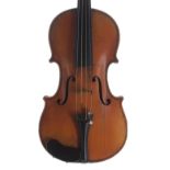 French half-size violin circa 1910, 12 1/4", 31.10cm, bow, W.E. Hill case
