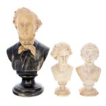 Antique plaster bust of Mendelssohn, upon a circular turned socle, 13" high; also a pair of