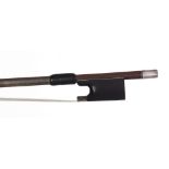 German silver mounted violin bow circa 1930, faintly branded, the stick round, the ebony frog