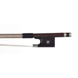 Interesting French nickel mounted violin bow, unstamped, the stick round, the ebony frog inlaid with