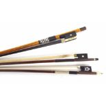 Old nickel mounted double bass bow and two violin bows (3)